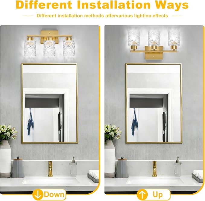 3-Light Bathroom Light Fixtures, Brushed Gold Vanity Lights Over Mirror | Wall Sconces with Clear Textured Glass Shades for Living Room Bedroom Hallway,E26 Base (Bulbs Not Included)