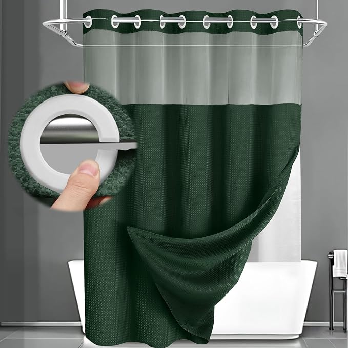 No Hook Shower Curtain and Liner Set,Dark Green Hotel Waffle Shower Curtain with Liner 75" L x 72" W