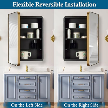 16’’x26’’ Medicine Cabinet,Metal Framed Medicine Cabinet Mirror with Round Corner,Recessed and Surface Mount Bathroom Mirror with Storage, Removeable Shelves,Gold