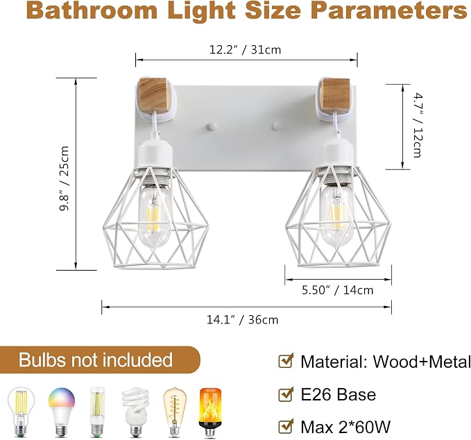 maesta 2 Light Bathroom Vanity Light, Farmhouse White Fixture Over Mirror | Farmhouse Bathroom Light Fixtures, Wood & Metal, Anti-Rust Easy to Install for Rustic Bathroom Hallway