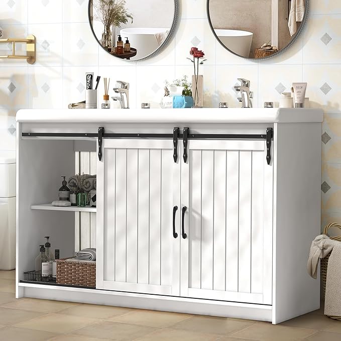 47'' Bathroom Sink Vanity Combo, Large Freestanding Double Bath Vanity Sink Set with 2 Drawers & 2 Sliding Doors, White Dual Basin Bathroom Storage Cabinet, White