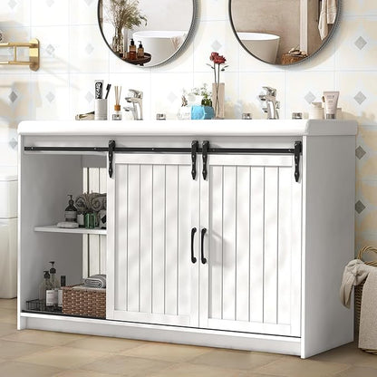 47'' Bathroom Sink Vanity Combo, Large Freestanding Double Bath Vanity Sink Set with 2 Drawers & 2 Sliding Doors, White Dual Basin Bathroom Storage Cabinet, White