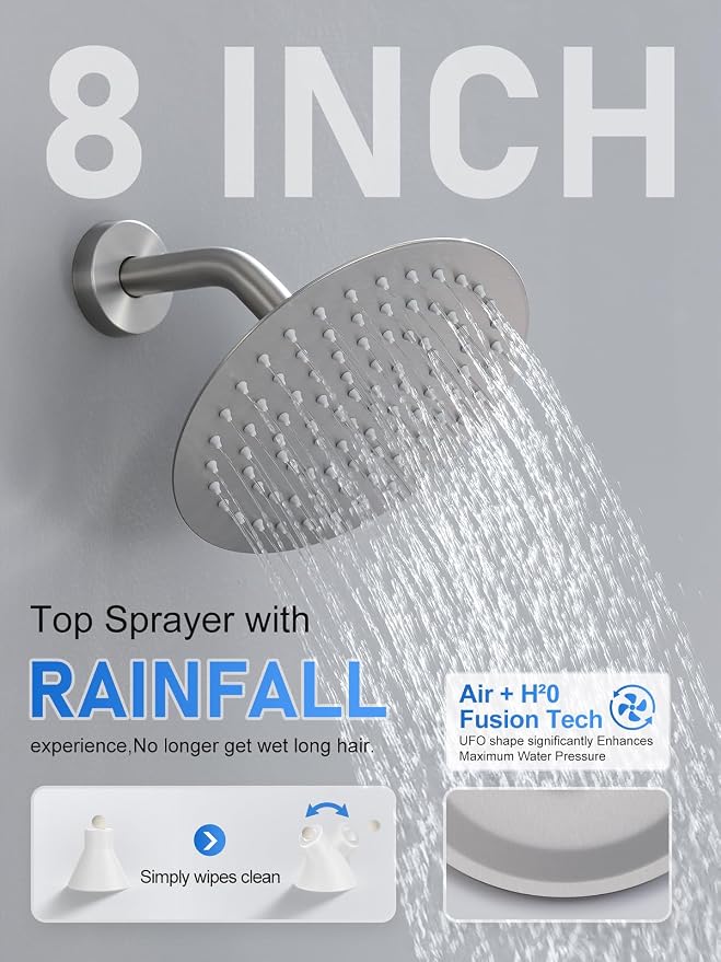 Woindo Shower Faucet Set with Slide Bar, 12" Rain Shower Head/8'' Side Shower Head and 10 Setting Handheld Ceiling Mount 3 Push Button Diverter Complete Rainfall Shower System Included Valve Trim Kit