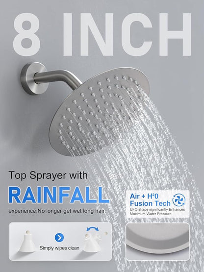 Woindo Shower Faucet Set with Slide Bar, 12" Rain Shower Head/8'' Side Shower Head and 10 Setting Handheld Ceiling Mount 3 Push Button Diverter Complete Rainfall Shower System Included Valve Trim Kit