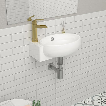 Mocoloo Wall Mounted Bathroom Sink Left Corner Floating Sinks with Faucet Hole 16 Inch White ADA Compliant Ceramic Bathroom Sink Wall Hung Porcelain with Overflow Hole Hand Basin