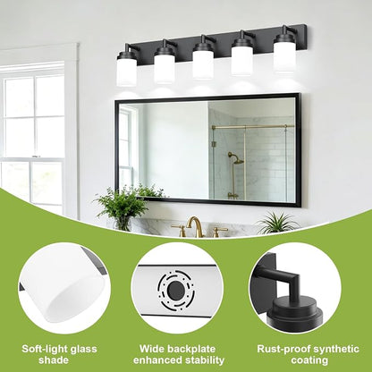 Bathroom Light Fixtures, Matte Black Bathroom Lighting Fixtures Over Mirror, Modern Vanity Light with White Glass Shade, Restroom Lighting Fixtures, 5-Light 36-inch