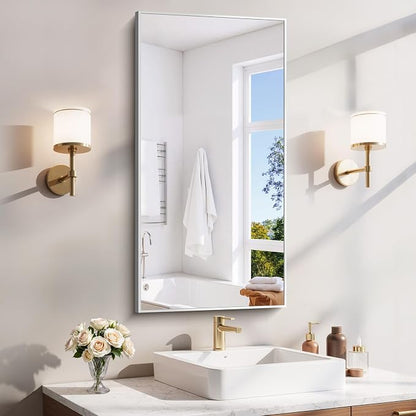YIROMAN Bathroom Mirror 20"x40", Brushed Silver Bathroom Mirror for Over Sink with Aluminum Frame, Rectangular Vanity Mirror with Right Angle, Wall Mirror Hangs Horizontal or Vertical