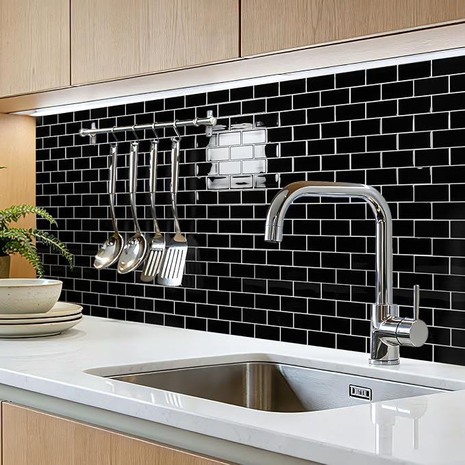 Art3d 10-Pack Subway Peel and Stick Backsplash, Black with Silver Grout | 12 x 12 Inch, Thickened Design, No Warping, Durable, Self-Adhesive, for Kitchen, Bedroom Decor, Ideal for New Home Buyers
