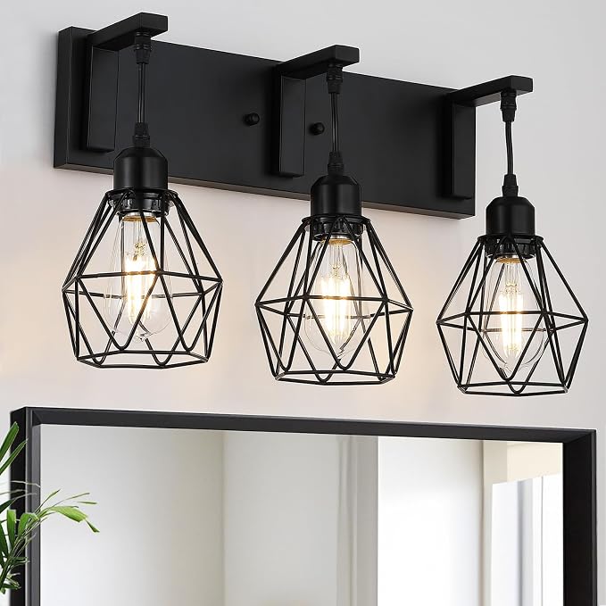 Somniferous Farmhouse Bathroom Light Fixtures, 3 Light Bathroom Vanity Lights Over Mirror, Black Vanity Light with Caged Metal Shade, Rustic Wall Sconce for Bedroom, Living Room, Hallway, E26 Socket