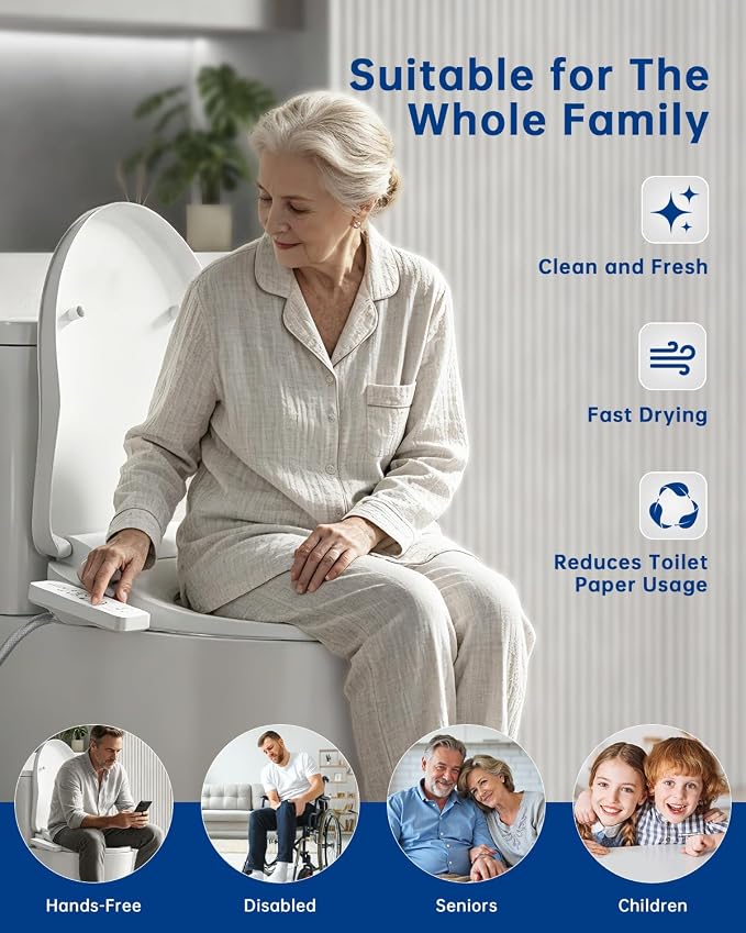 Heated Smart Toilet Seat with Feminine Wash & Dryer, Elongated Bidet with Adjustable Water Temperature, Pressure & Nozzle Position