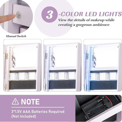 MAT EXPERT 360° Rotating Jewelry Armoire, Lockable Freestanding Jewelry Organizer w/Full-length Mirror, 3-Color LED Lights, Rear Storage Shelves, Mirror Jewelry Cabinet for Bedroom (Lavender)