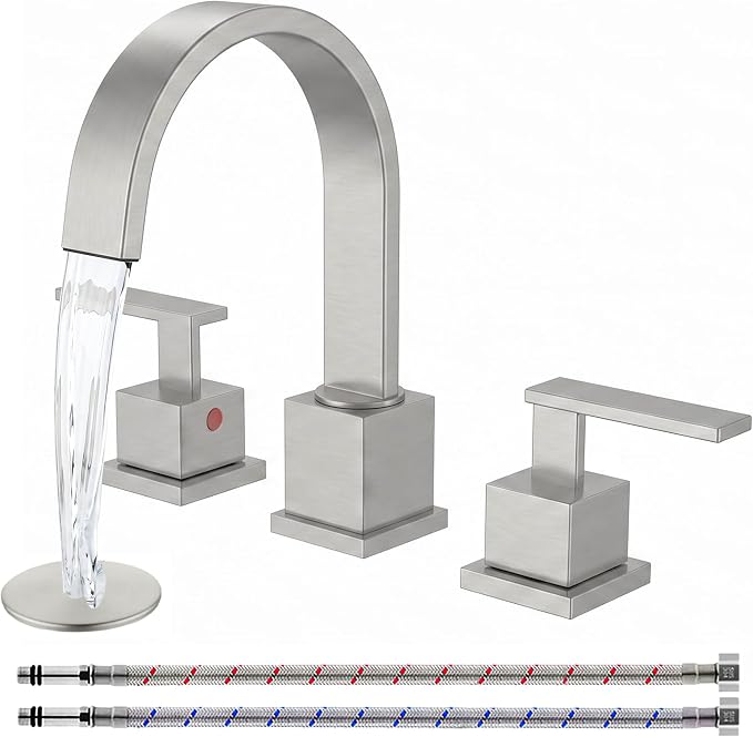 3 Hole Widespread Brushed Nickel Bathroom Faucet,Modern Waterfall 8 inch 2 Handle Bathroom Sink Faucet Vanity Bathroom Faucet for Sink 3 Hole with Pop Up Drain and Water Supply Lines
