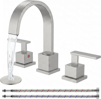 3 Hole Widespread Brushed Nickel Bathroom Faucet,Modern Waterfall 8 inch 2 Handle Bathroom Sink Faucet Vanity Bathroom Faucet for Sink 3 Hole with Pop Up Drain and Water Supply Lines