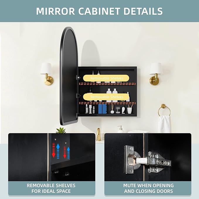 Casaphoria 36" H x 24" W Arched Bathroom Medicine Cabinet with Mirror, Wooden Frame and 2 Adjustable Shelves Wall Medicine Cabinets Mirrors, Black