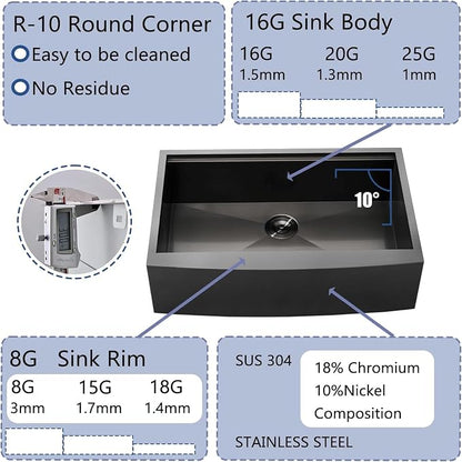 COMLLEN Black Farmhouse Sink 33 Inch,33x22 Apron Front Black Farm Sinks 16 Gauge Stainless Steel,Undermount Workstation Deep Single Bowl Luxury Rustic Farmhouse Kitchen Sinks with All Accessories