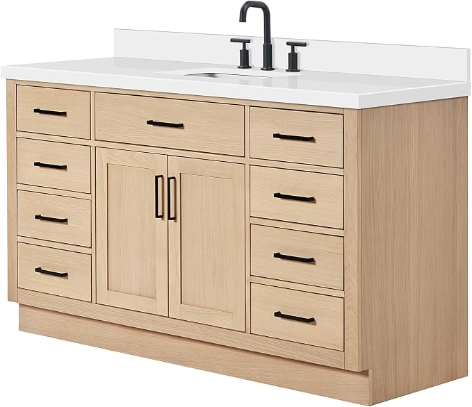 ARIEL Hepburn 60-inch Bathroom Vanity with Sink,Solid Wood, 1.5-inch Pure White Quartz Countertop, Single Rectangular Porcelain Sink, 2 Soft Closing Doors, 9 Dovetail Drawers, White Oak