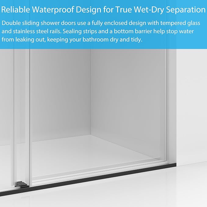 Framed Shower Door 44-48 inch W×74 inch H – Glass Shower Door, Stainless Steel Square Rail, Double Sliding Shower Glass Door, 6mm Tempered Glass, Matte Black