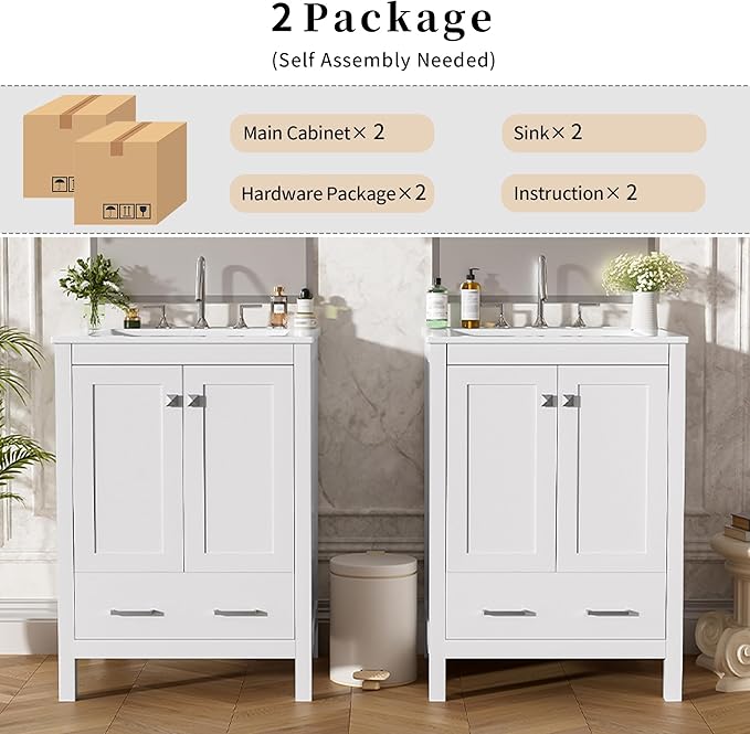 Favfurish 48" Bathroom Vanity with Ceramic Double Sink, Undermount Double Basin Vanity Set w/2 Divided Drawers and 4 Double-Layer Soft Close Doors & Built-in Shelf, Freestanding Storage Cabinet,White