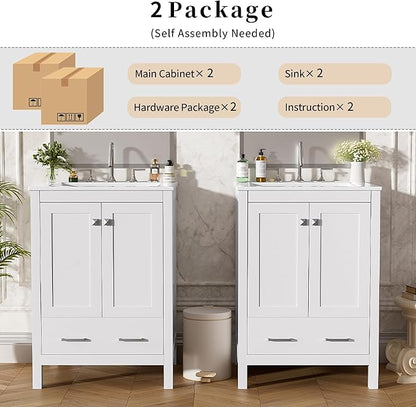 Favfurish 48" Bathroom Vanity with Ceramic Double Sink, Undermount Double Basin Vanity Set w/2 Divided Drawers and 4 Double-Layer Soft Close Doors & Built-in Shelf, Freestanding Storage Cabinet,White