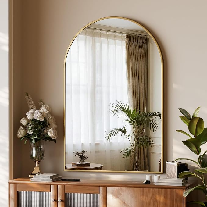 XRAMFY 32"x48" Arched Bathroom Mirror with Aluminum Frame Arched Wall Mounted Vanity Mirror for Entryway, Bedroom, Living Room, Gold