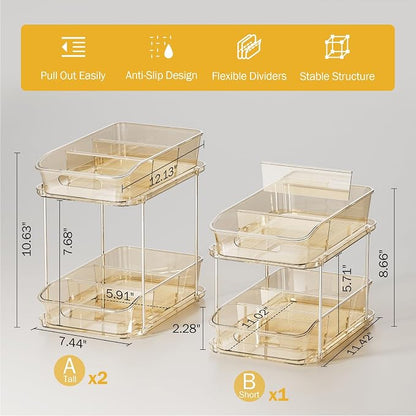 Delamu 2-Tier Under Sink Organizers and Storage, Multi-Purpose Stackable Bathroom Cabinet organizers, Pull Out Kitchen Pantry Organization and Storage with Dividers(3 Pack, Amber)