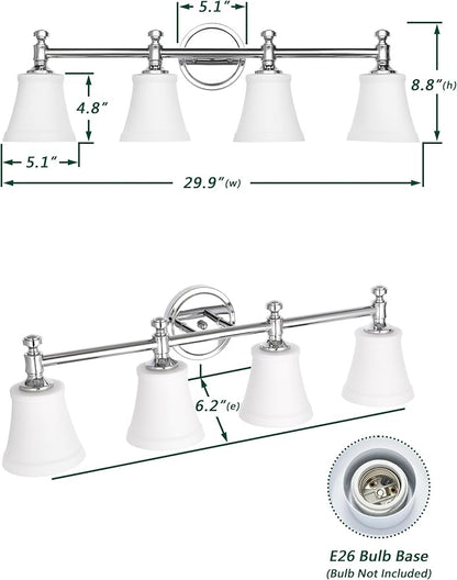 Bathroom Vanity Light Fixtures, Traditional Chrome 4 Lights Wall Sconce Lighting with Opal Glass Shade, Porch Wall Mount Light Fixture for Bathroom, Mirror Cabinets Hallway Stairs
