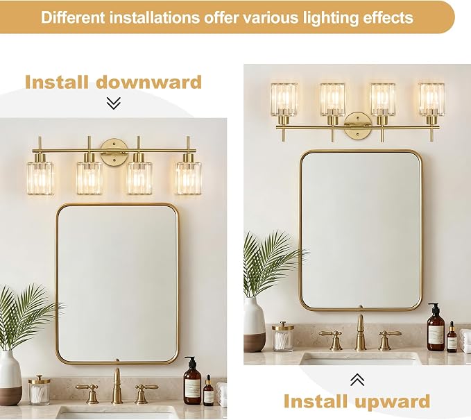 Brushed Gold Bathroom Light Fixtures, Square, 4-Light | Vanity Lights with Crystal Shades, Modern Bathroom Lighting Fixtures over Mirror (Bulbs Not Included, E26)