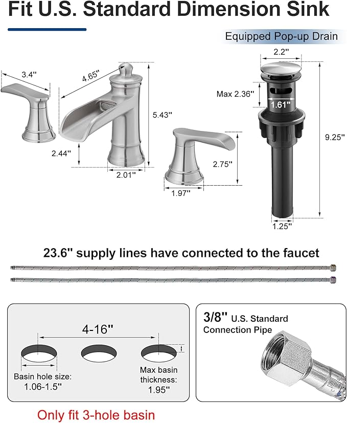 4-16 Inch Brushed Nickel Bathroom Faucet Waterfall, Brass Bathroom Sink Faucet 3 Hole 2 Handles Widespread with Pop-up Drain & Supply Hose for Vanity, Lavatory, Farmhouse Sink