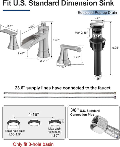 4-16 Inch Brushed Nickel Bathroom Faucet Waterfall, Brass Bathroom Sink Faucet 3 Hole 2 Handles Widespread with Pop-up Drain & Supply Hose for Vanity, Lavatory, Farmhouse Sink