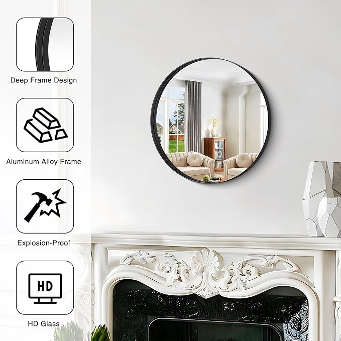 Black Round Mirror 18 inch Deep Frame Circle Mirror, Metal Framed Bathroom Mirror, Round Vanity Mirror, Circle Mirrors for Wall Entryway Bedroom Living Room Hallway