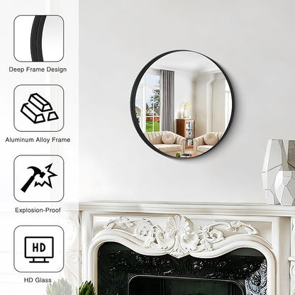 Black Round Mirror 18 inch Deep Frame Circle Mirror, Metal Framed Bathroom Mirror, Round Vanity Mirror, Circle Mirrors for Wall Entryway Bedroom Living Room Hallway