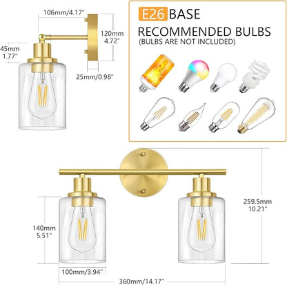 Bathroom Light Fixtures, 2 Light Vanity Light, Gold Wall Sconces Lighting | Modern Bath Wall Mounted Lights with Glass Shade, Porch Wall Lamp for Mirror, Living Room, Bedroom, Brushed Brass