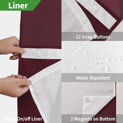 eachope No Hook Fabric Shower Curtain with Snap-in Liner,71x86 Burgundy | Extra Long,Linen Texture,230GSM Thick Fabric,Mesh Window,Bottom Magnetic,Waterproof & Machine Washable,for Bathroom,Hotel Use