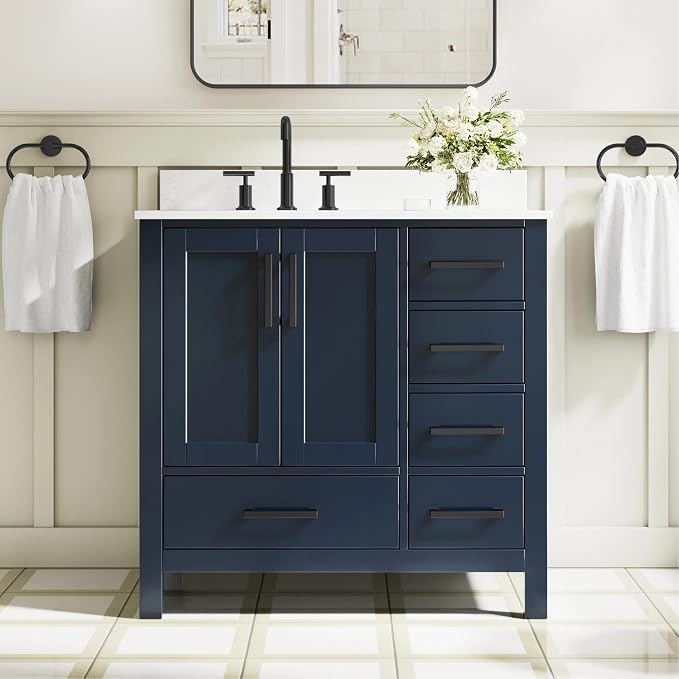 36-Inch Bathroom Vanity with Sink, 2 Soft-Close Doors and 5 Soft-Close Drawers, Bathroom Freestanding Vanity with Cultured Marble Countertop, Bathroom Navy Blue Vanity With Matte Black Handles