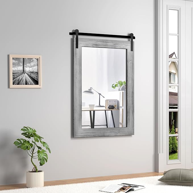 COGOOD Farmhouse Bathroom Mirrors for Over Sink - 38 x 25 Grey | Rustic Barn Door Wood Framed Vanity Mirror for Entryway, Living Room, Bedroom, Dresser Wall Decor