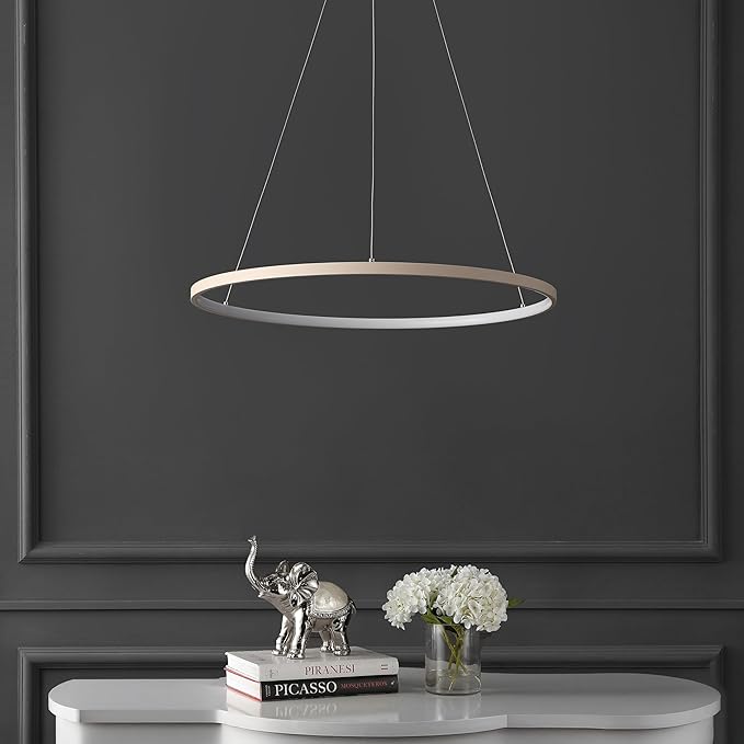 JONATHAN Y 23.75" Beige Modern Integrated LED Pendant Light, Dimmable Round Hoop Chandelier for Kitchen Island, Dining Room, Adjustable Height Metal Hanging Light (JYL7203H)