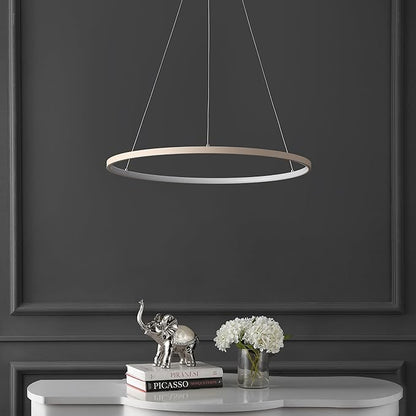 JONATHAN Y 23.75" Beige Modern Integrated LED Pendant Light, Dimmable Round Hoop Chandelier for Kitchen Island, Dining Room, Adjustable Height Metal Hanging Light (JYL7203H)