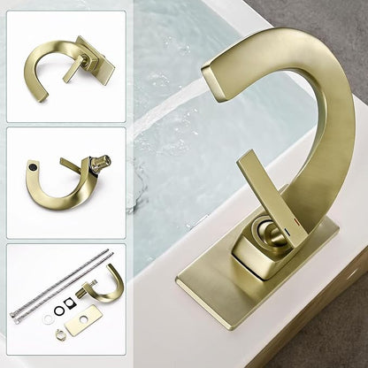 Single Hole Bathroom Sink Faucets,Brass Vainty Faucet Brushed Gold | Lead-Free, Single Handle Faucet for Sink, Vanity, RV, Lavatory, Suitable for 1 or 3 Holes Faucet