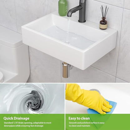 Wall Mount Bathroom Sink 20"x14" Floating Vessel Sink | Rectangle Bathroom Sink Vessel Sink For Bathroom Ceramic White Wall Mount Sink for Rvs, Restroom, Toilet