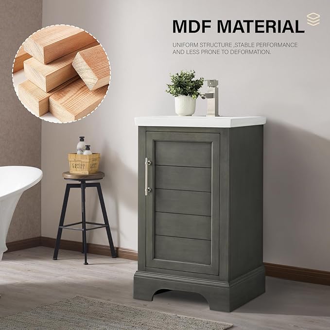 HOMEBEYOND 20 Inch Bathroom Vanity with Single Sink & Ceramic Top, Vanity Cabinet with Center Countertop Basin, Soft-Closing Doors, Sliver Grey