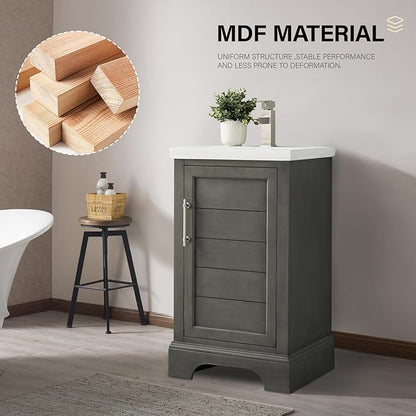 HOMEBEYOND 20 Inch Bathroom Vanity with Single Sink & Ceramic Top, Vanity Cabinet with Center Countertop Basin, Soft-Closing Doors, Sliver Grey