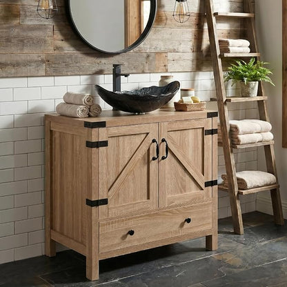 28 inch Natural Color Bathroom Vanity, Rustic Fixture Standing Pedestal Cabinet with Silver Leaf Vessel Sink