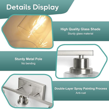 Ascher Bathroom Light Fixtures, 5-Light Vanity Light Over Mirror, Brushed Nickel Wall Sconces with Clear Glass Shades, Wall Lamp for Living Room Bedroom, E26 Base(Bulbs Not Included)