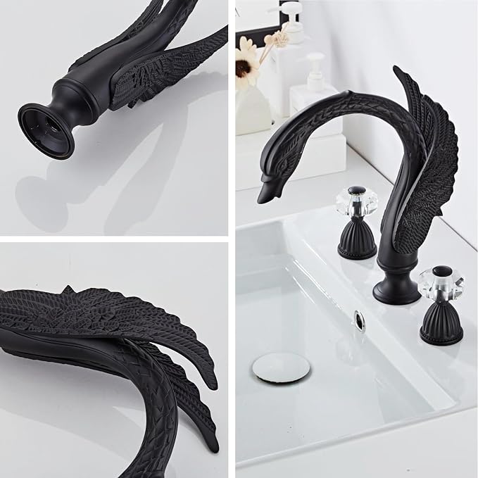Golden Black Ornate Swan Style Bathroom Sink Faucet Combo Deck Mount Sink Mixer Tap Set Hot Cold Water