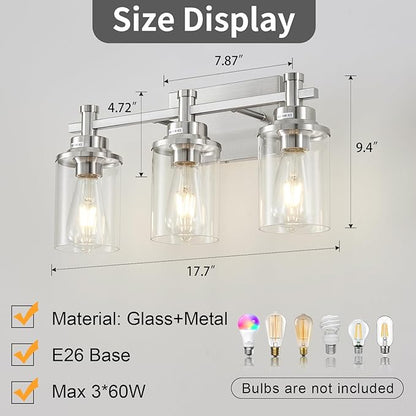 Brushed Nickel 3-Light Vanity Lights with Clear Glass Shade, Modern Bathroom Vanity Light Over Mirror, Kitchen Bedroom Hallway Cabinet Wall Lamp