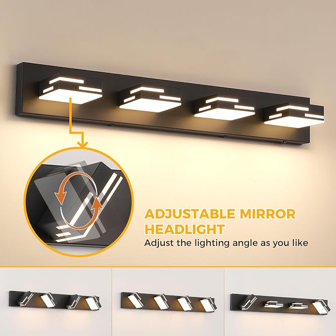 4-Light 5CCT Modern Bathroom Vanity Light Fixtures, 30-Inch 350° Rotatable LED Vanity Lights Over Mirror, Dimmable Matte Black Wall Sconce with Frosted Acrylic Shade