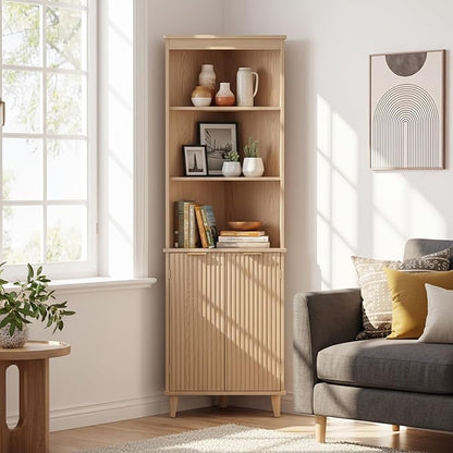 Giantex 68" Tall Corner Cabinet with Fluted Doors (Oak) | Modern Bathroom Floor Storage Cabinet, 6-Tier Space Saver Display Shelves for Kitchen, Living Room, Hallway, Laundry
