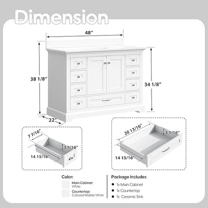 WELLFOR 48" Bathroom Vanity with Sink, Bathroom Freestanding Vanity W/ 2 Soft-Close Doors and 9 Soft-Close Drawers, Bathroom Cabinet Vanity with Engineered Stone Countertop, White