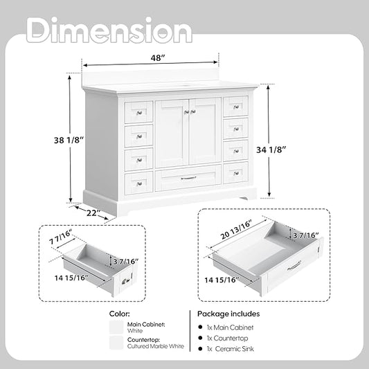 WELLFOR 48" Bathroom Vanity with Sink, Bathroom Freestanding Vanity W/ 2 Soft-Close Doors and 9 Soft-Close Drawers, Bathroom Cabinet Vanity with Engineered Stone Countertop, White