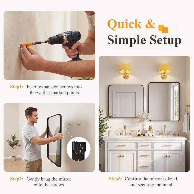 Sweetcrispy Bathroom Wall Mirror, 30x22 Inch Mirror for Over Sink, Black | Modern Wall Mount Vanity Mirror, Rounded Rectangle with Matte Brush Metal Framed, for Home Decor, Living Room, Bedroom